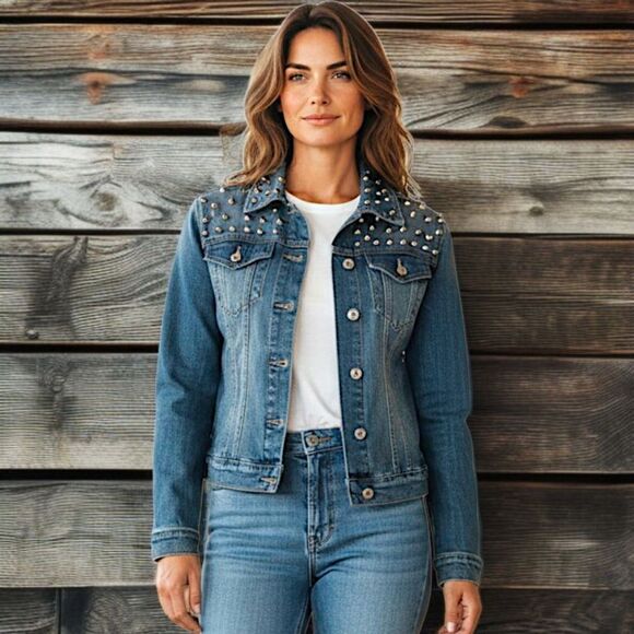 Y2K Lolita Fitted Jean Denim Jacket S Western Metal Biker Punk Grunge Stretch - Picture 15 of 16